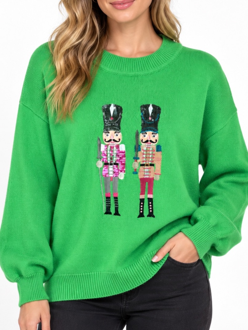 WHY Dress Nutcracker Christmas Sweater Green Embellished Sequin Size L